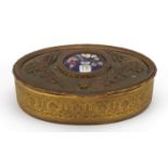 19th century gilt brass oval jewel box with inset circular enamel panel hand painted with flowers,