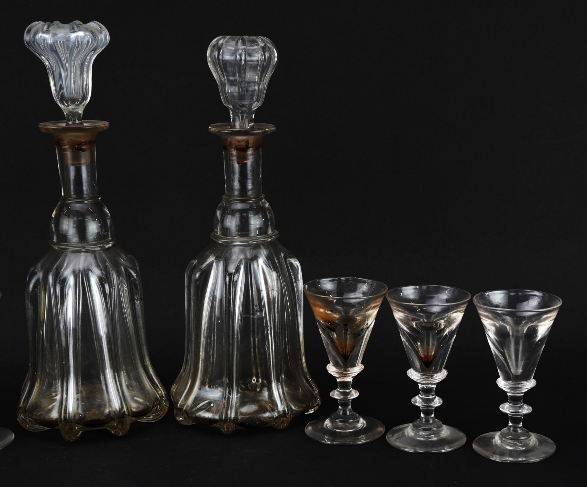 Set of six 18th century illusion glasses and a pair of decanters, the largest 31cm high - Image 3 of 3
