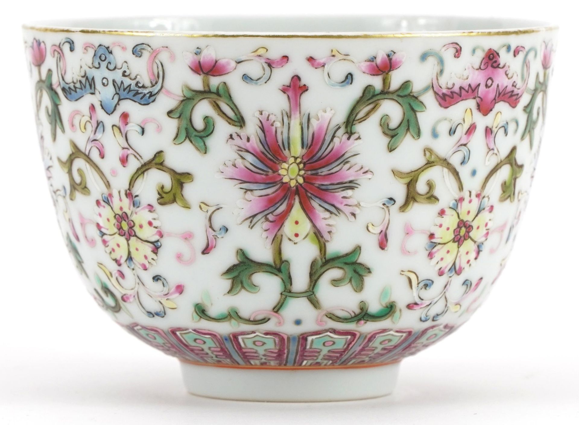 Chinese porcelain bowl hand painted in the famille rose palette with bats and flower heads amongst - Image 2 of 3