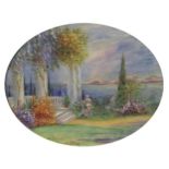 Gertrude Stokes - L'Esterel, French mountainous landscape, oval watercolour on silk, Frederick G