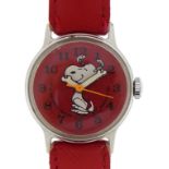 Vintage ladies Snoopy wristwatch with leather strap, the case 25mm in diameter