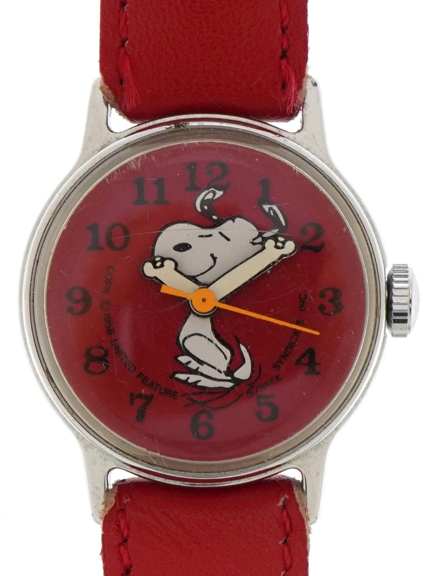 Vintage ladies Snoopy wristwatch with leather strap, the case 25mm in diameter