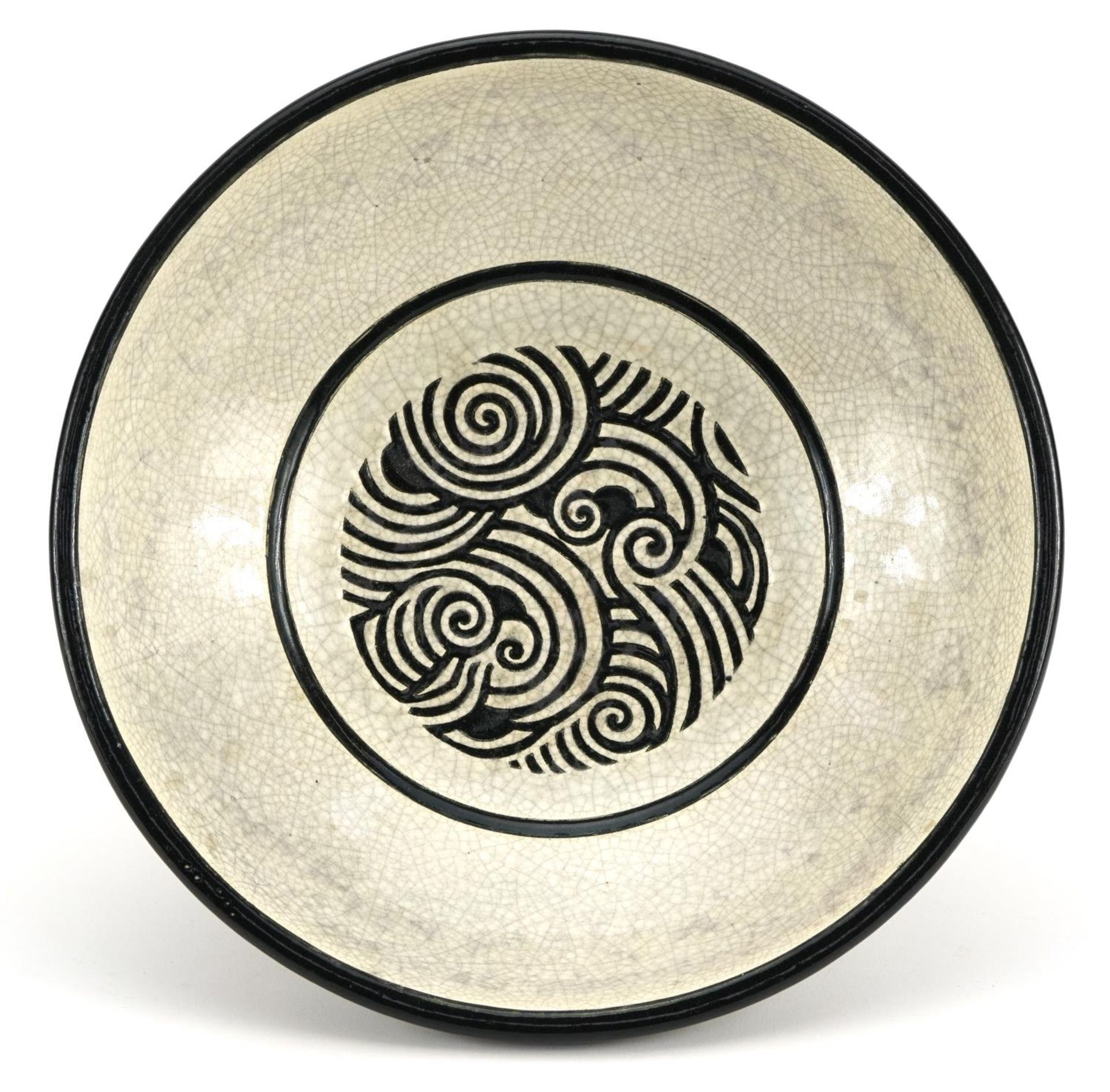 Longwy Primavera, French Art Deco footed bowl enamelled with stylised lines and swirls, 25cm in - Bild 3 aus 5