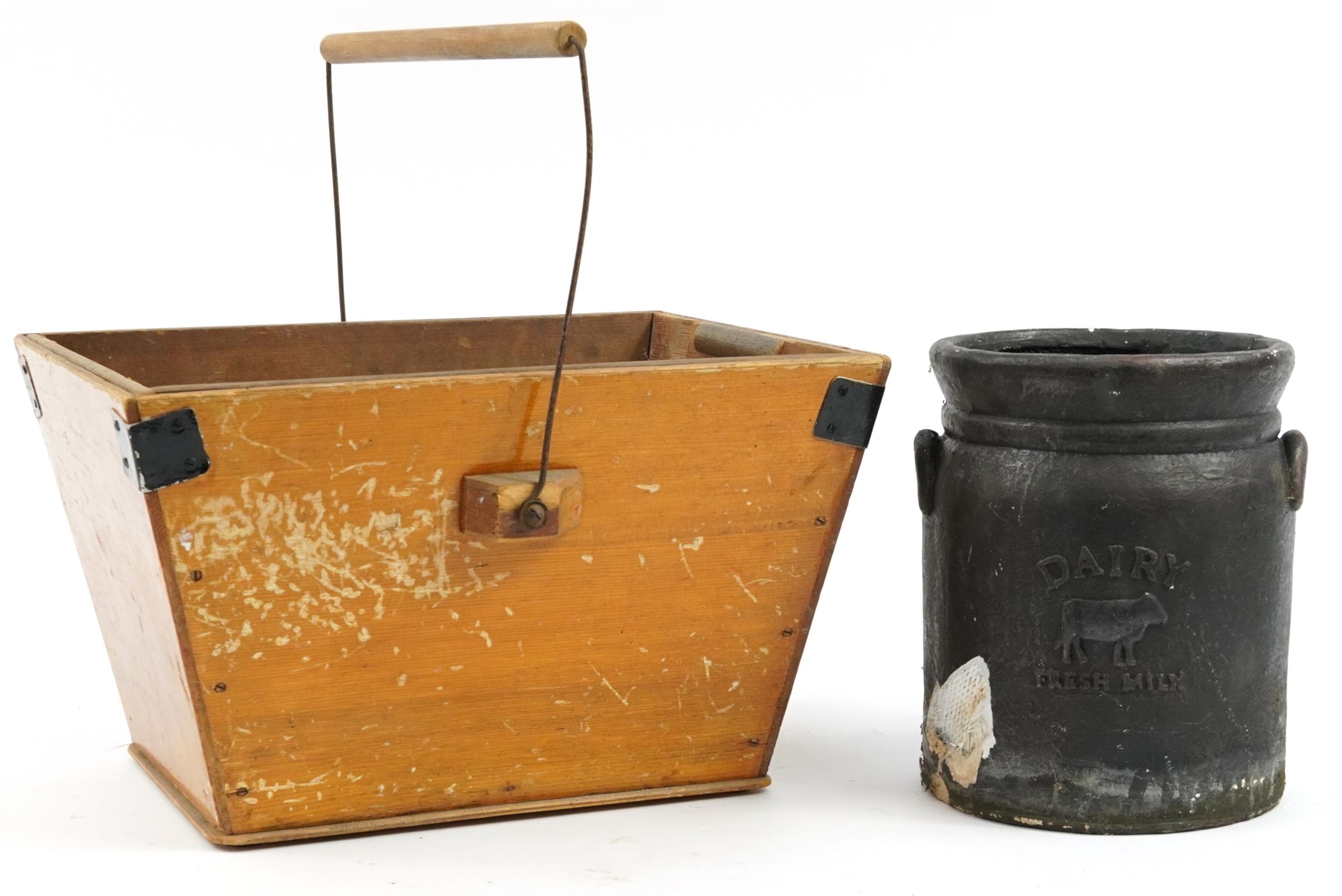 Metal bound pine grain carrier and a Dairy Fresh milk pail, the largest 42.5cm wide