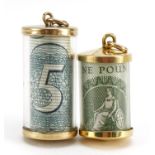 Two 9ct gold emergency bank note charms, the largest 2.8cm high, total 6.6g