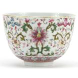 Chinese porcelain bowl hand painted in the famille rose palette with bats and flower heads amongst