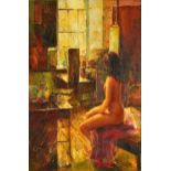 Nude female model in an artist's studio, oil on canvas, mounted and framed, 89cm x 59cm excluding