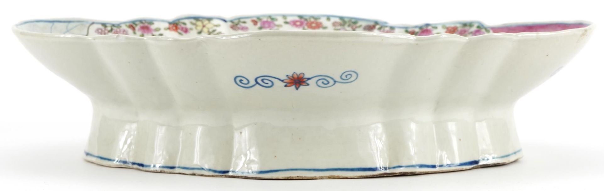 Chinese Wucai porcelain footed dish hand painted with flowers, 8.5cm high x 36cm wide