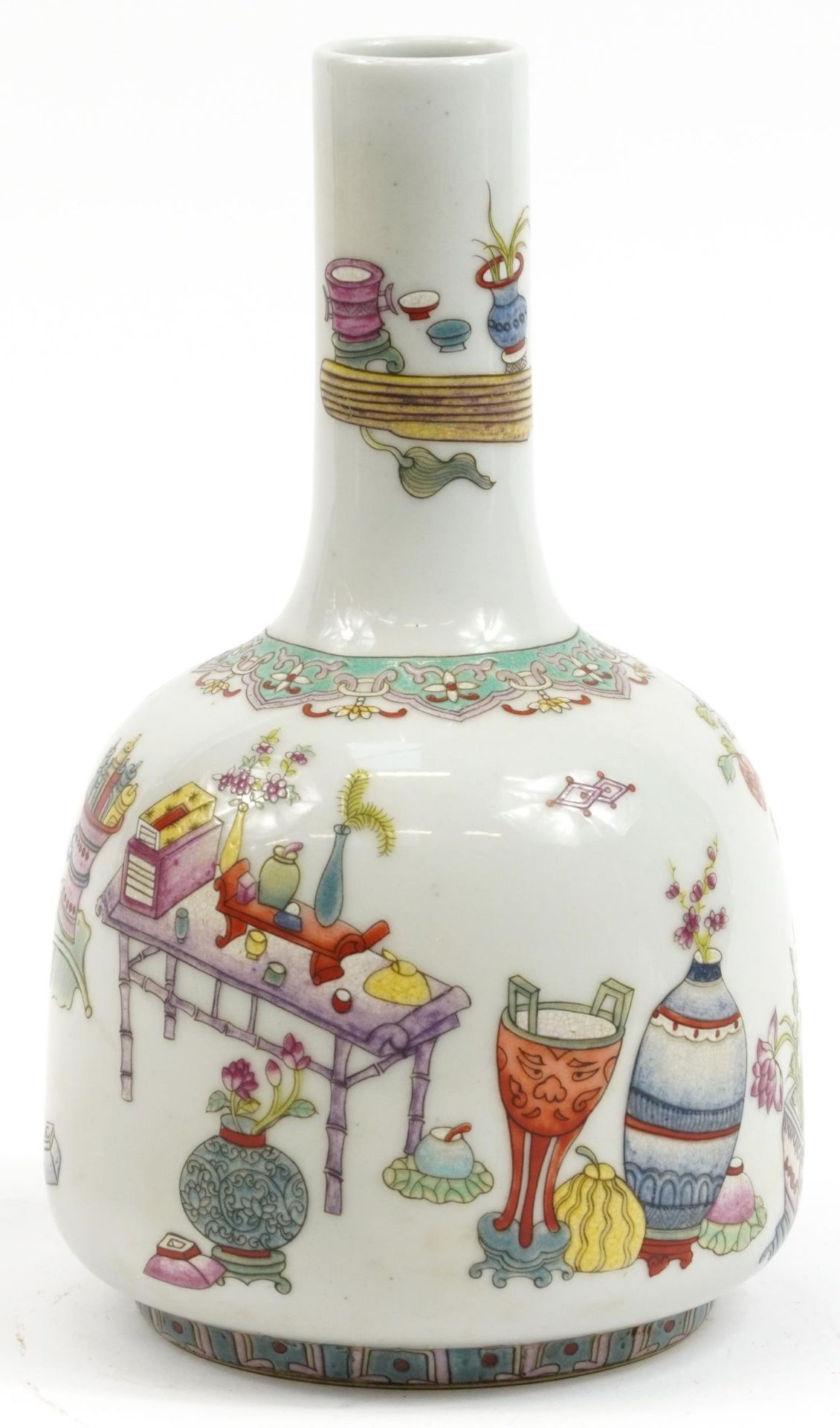 Chinese porcelain mallet vase hand painted in the famille rose palette with flowers and objects, six