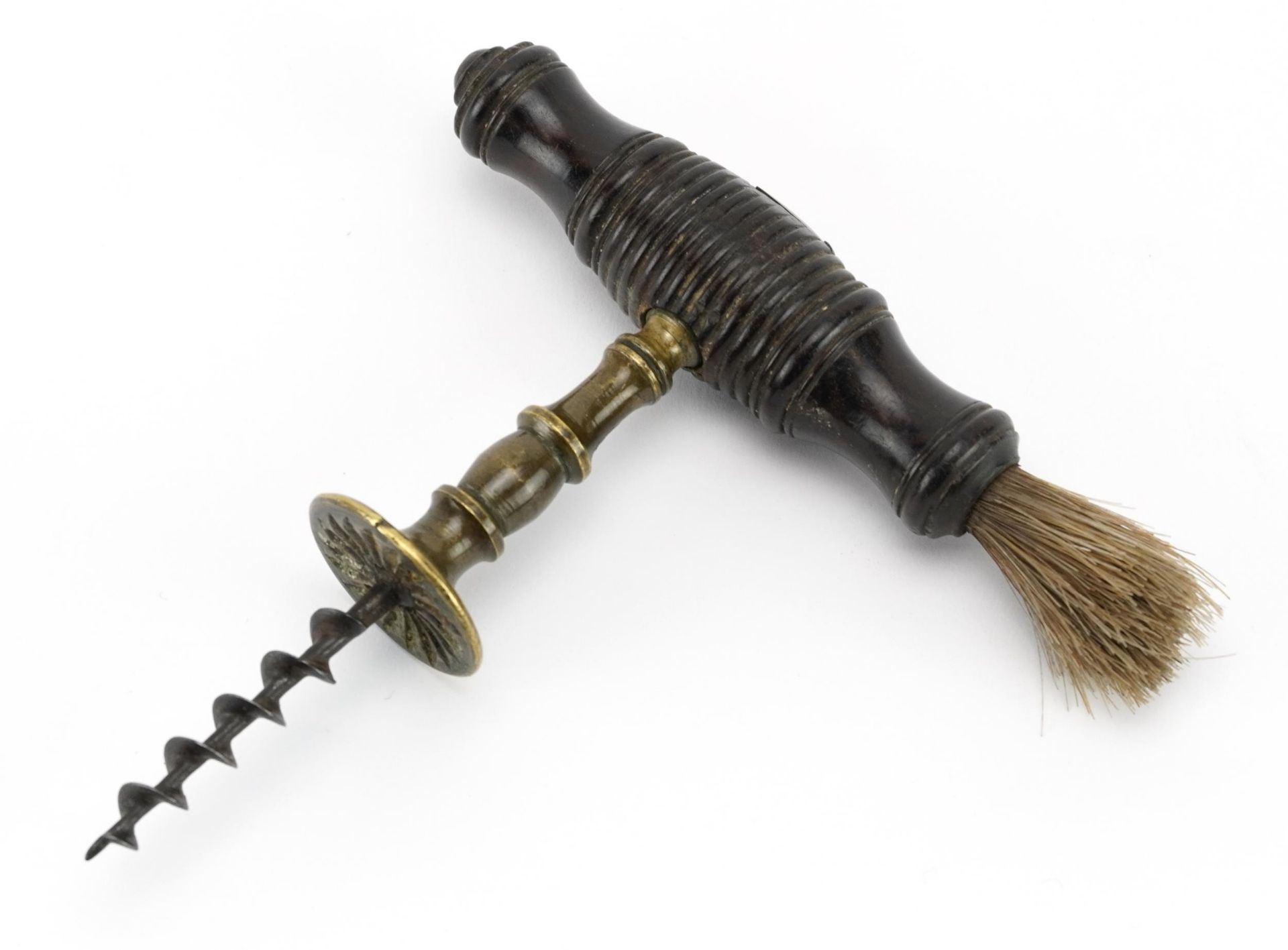 19th century Henshall type brass corkscrew with turned wood handle and side brush, impressed - Image 2 of 2