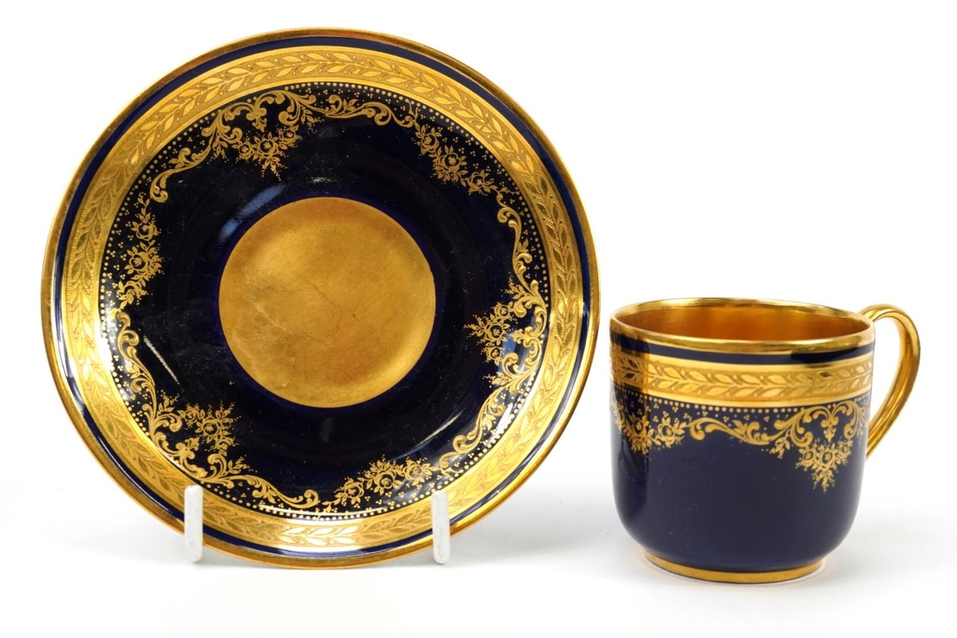 Set of six Limoges blue ground gilt decorated coffee cups and saucers retailed by Mappin & Webb - Image 3 of 6