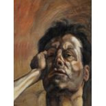 Manner of Lucien Freud - Self portrait, oil on board, mounted and framed, 40cm x 29.5cm excluding