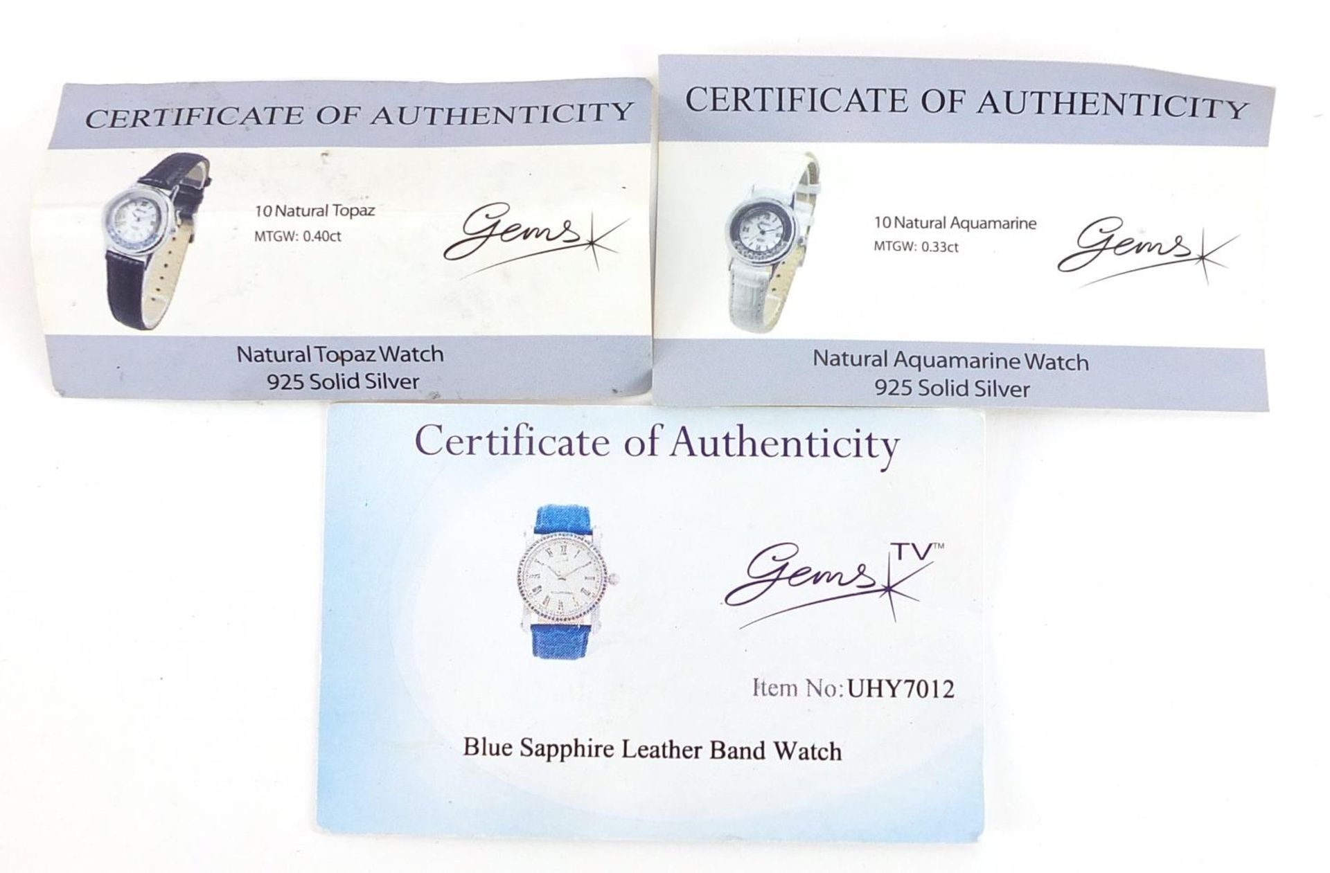 Three ladies wristwatches, one silver, each set with blue sapphires, topaz and aquamarine, with - Image 6 of 6