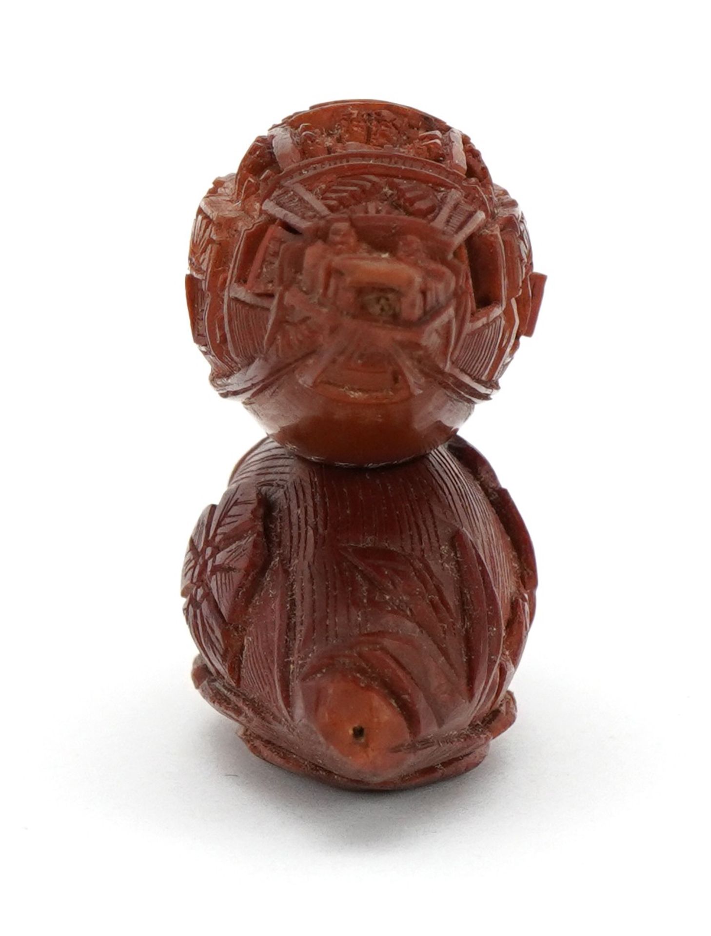 Good Chinese carved coquilla nut junk with opening windows and inscribed poem, raised on a - Image 6 of 9