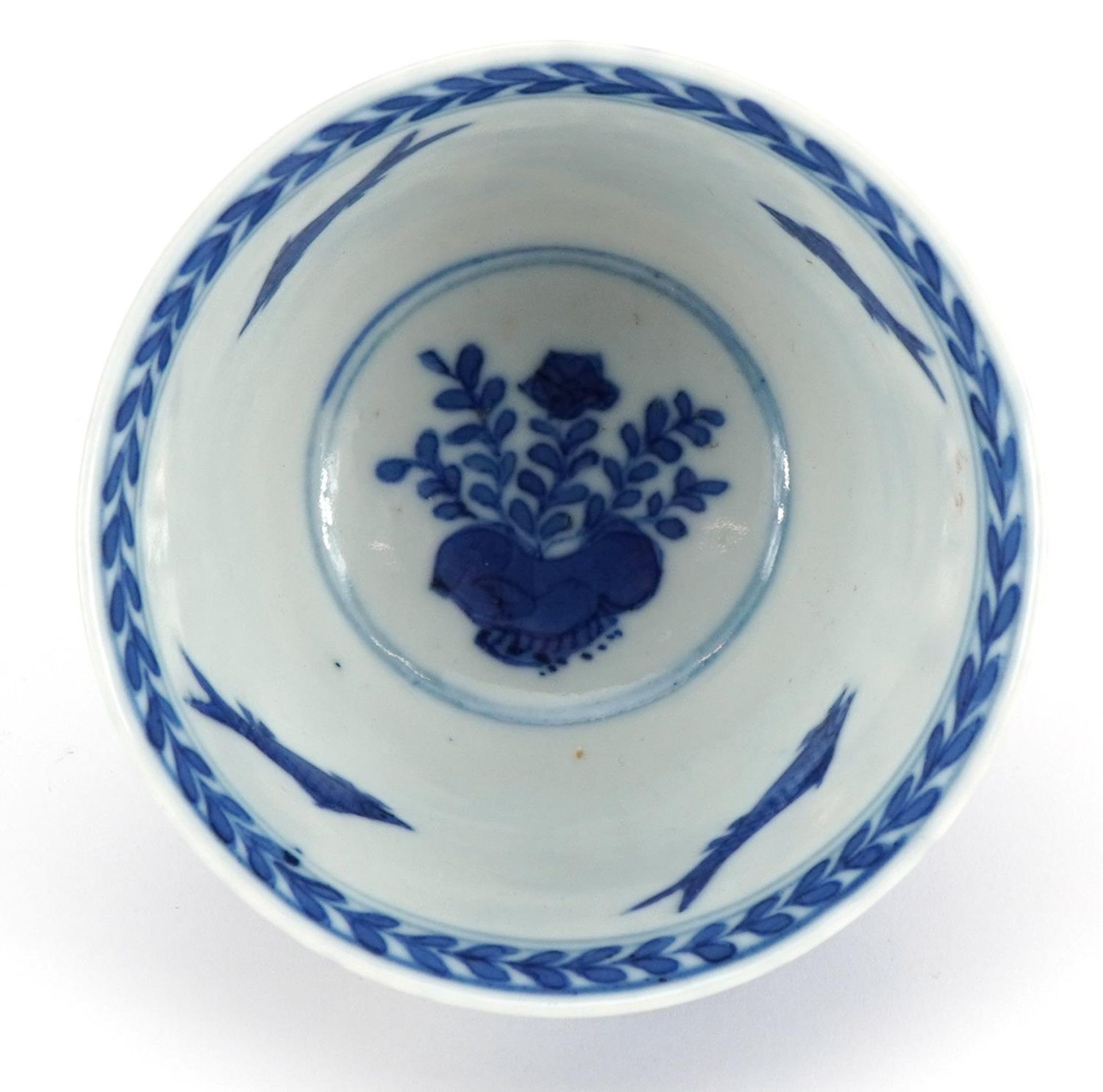 Chinese blue and white porcelain tea bowl finely hand painted with kilns, quail and fish, Kangxi - Image 3 of 4