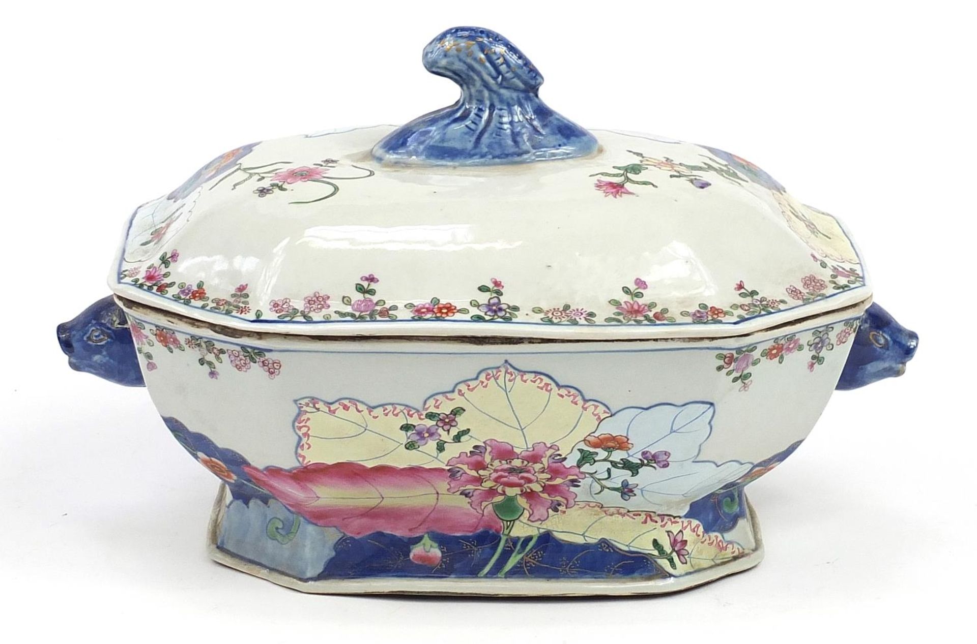 Chinese wucai porcelain tureen and cover with twin handles hand painted with flowers, 35cm wide