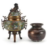 Chinese patinated bronze and cloisonne tripod incense burner and cover with dragon knop and twin