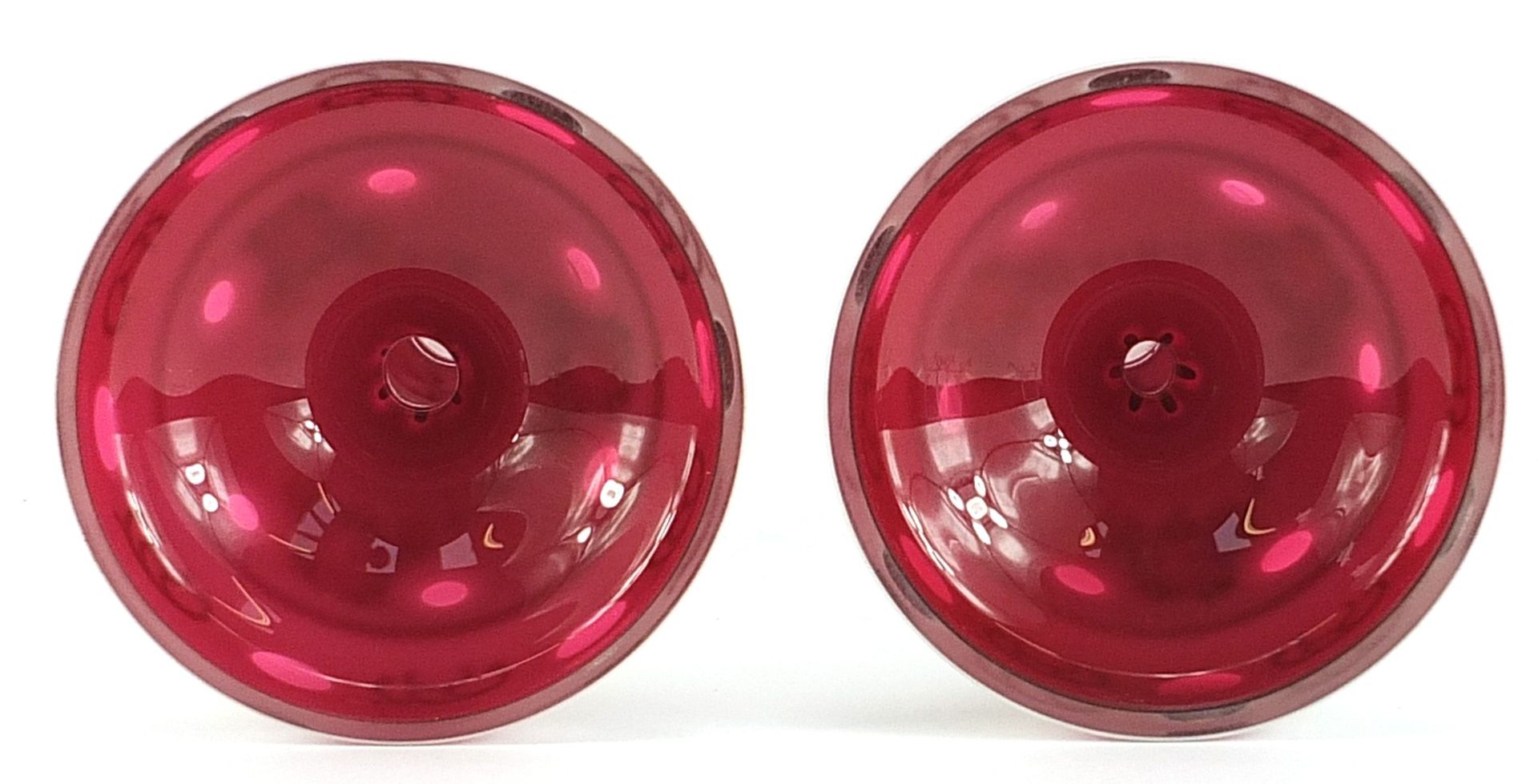 Attributed to Moser, pair of Bohemian white overlaid cranberry glass candle holders, hand painted - Image 3 of 3