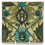 William De Morgan, Arts & Crafts pottery tile hand painted with flowers in the Islamic manner,