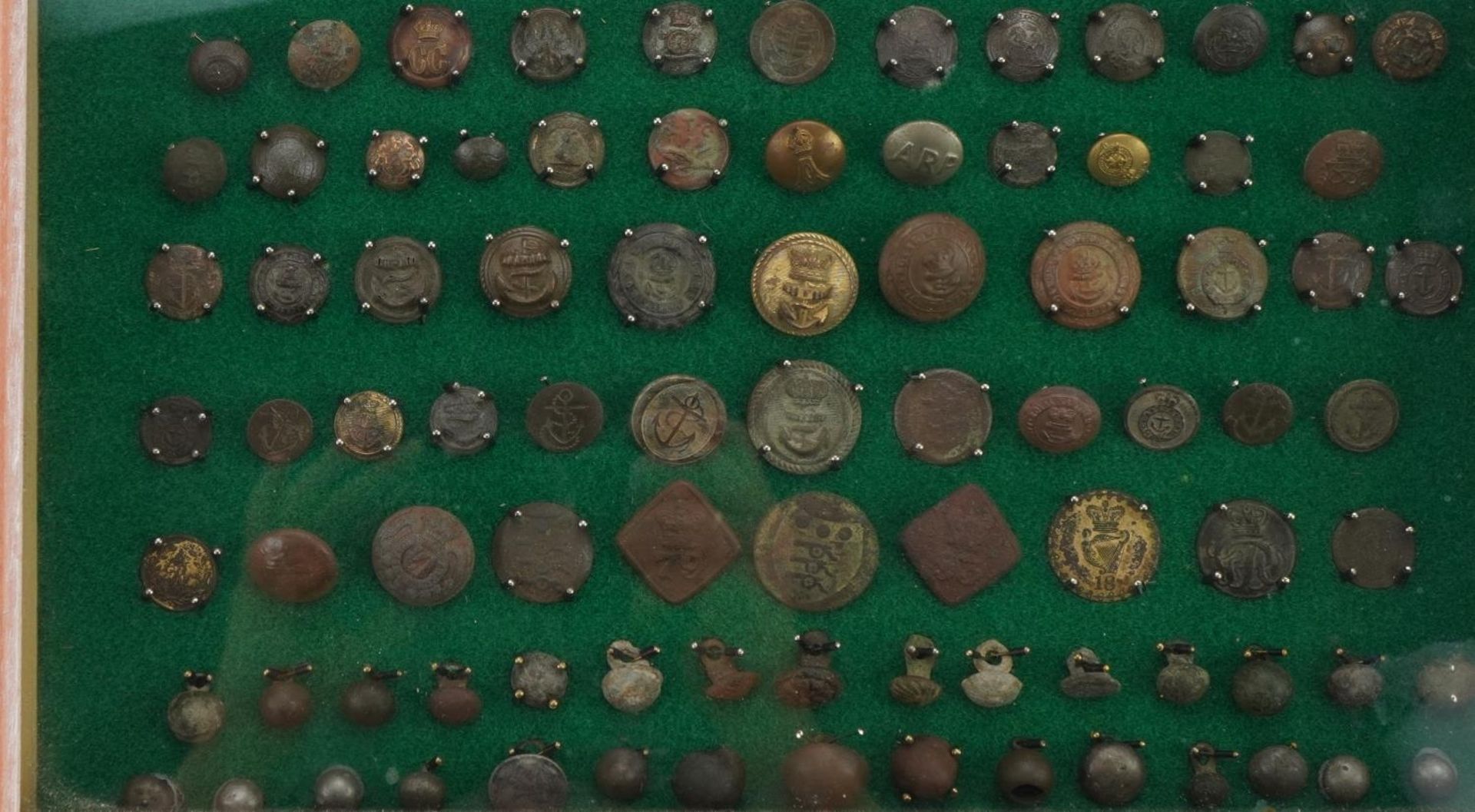 Good collection of antique naval buttons arranged in a glazed display case, the largest - Image 6 of 8