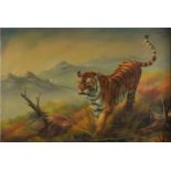 Tiger before a mountainous landscape, oil on canvas, indistinctly signed, possibly Bundy,