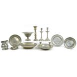 Antique and later collection of pewter, mostly by Kenneth Turner including pair of candlesticks,