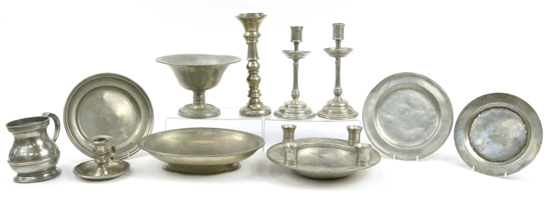 Antique and later collection of pewter, mostly by Kenneth Turner including pair of candlesticks,