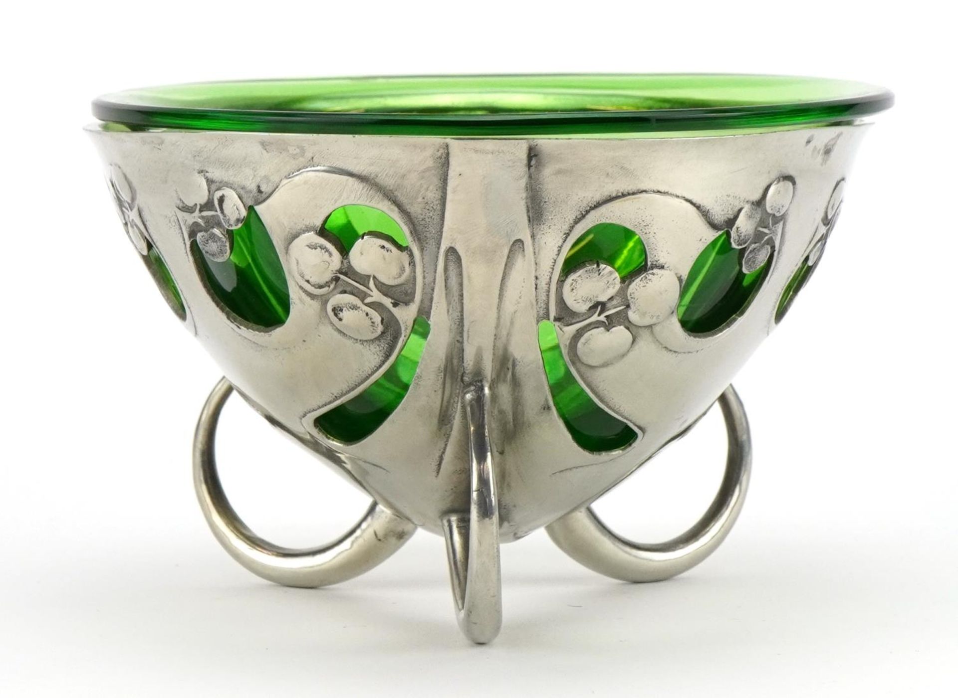 Archibald Knox for Liberty & Co, Arts & Crafts pewter three footed pierced bowl with green glass - Image 2 of 3