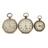 Three silver pocket watches including Kendal & Dent, the largest 50mm in diameter, total 245.9g