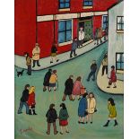 Figures in rush hour, Modern British oil on canvas board, mounted and framed, 49.5cm x 39cm