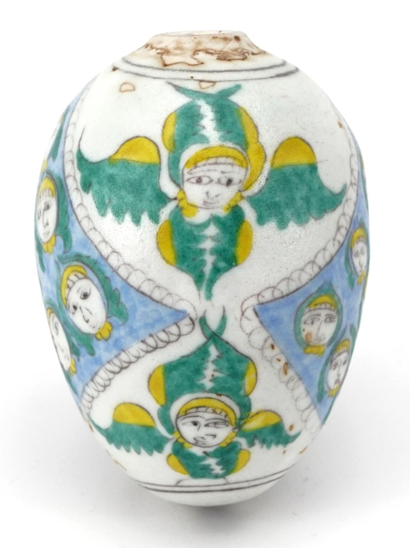 Turkish Armenian pottery hanging ball hand painted with mythical faces, 10cm high - Image 2 of 3