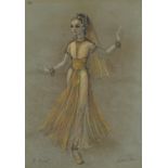 Carl Toms - Female in costume dancing, theatrical ink and watercolour, inscribed S Ballet, The Medic