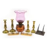Victorian and later sundry items including antique brass candlesticks, cast iron pen stand and oil
