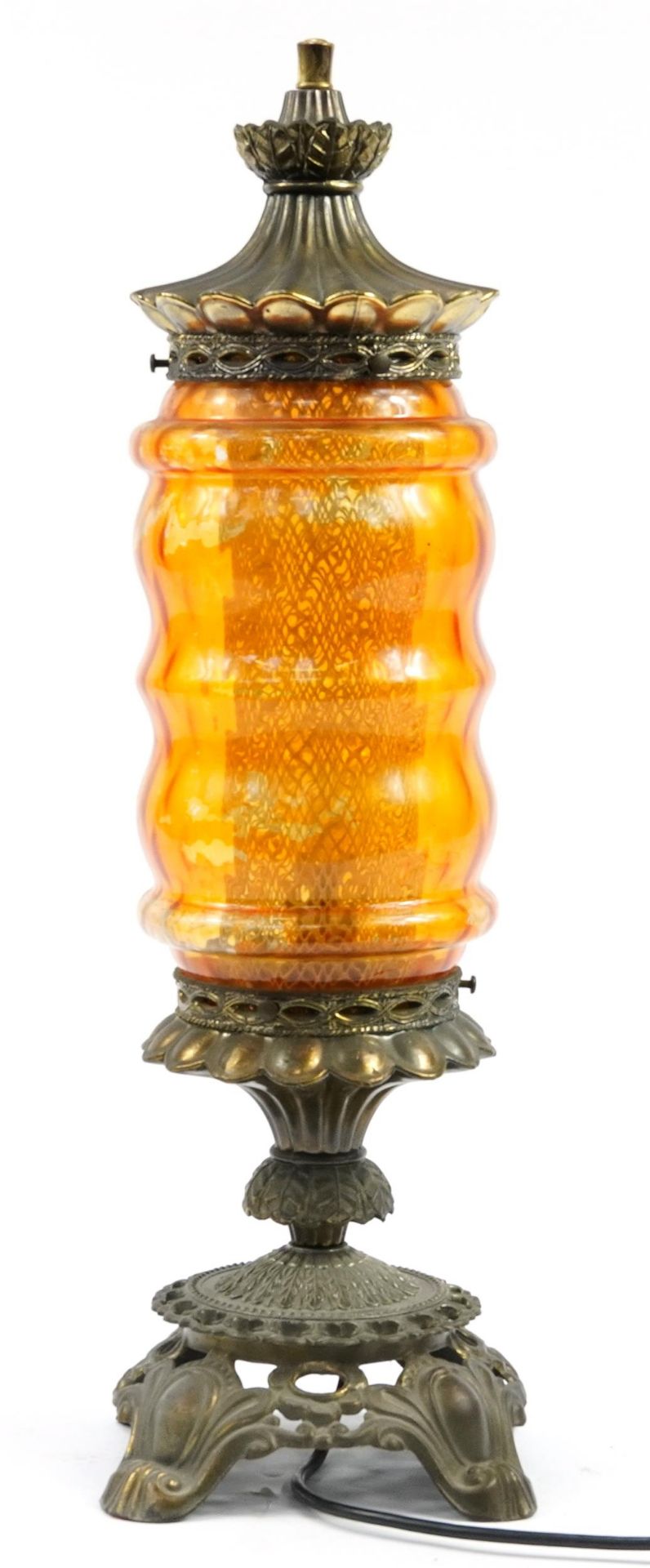Ornate brass and orange coloured glass lamp, 60.5cm high - Image 2 of 3