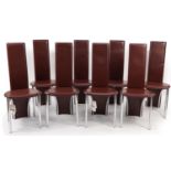 Set eight Frag Cipro chairs with brown upholstered backs and seats, each 104cm high