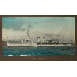 HMS Caledon coloured photograph inscribed Maries Bar Phot Toulon to the mount, mounted, framed and