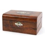 Victorian ladies burr walnut workbox with writing slope having mother of pearl and abalone inlay,