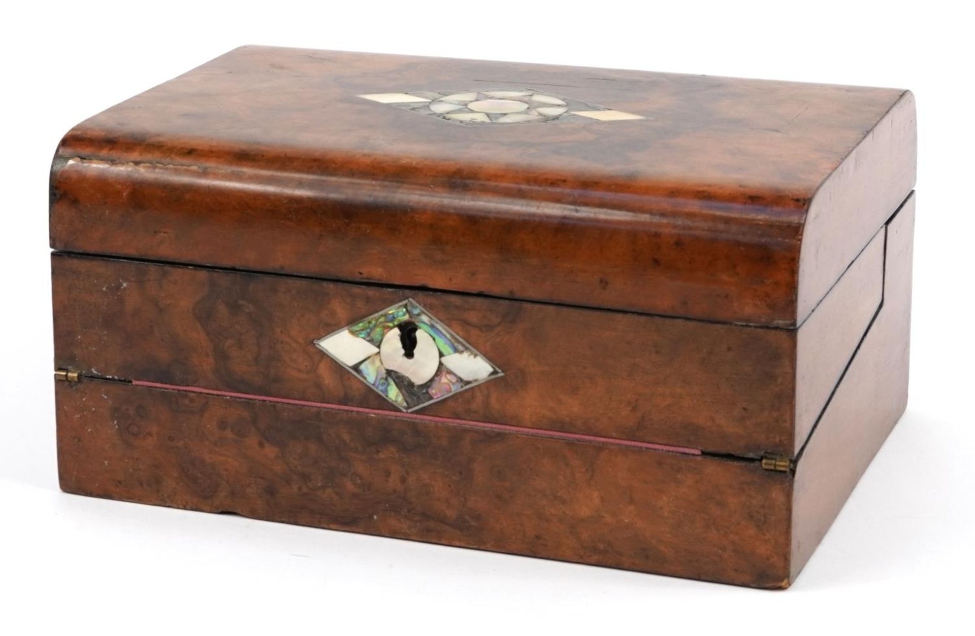 Victorian ladies burr walnut workbox with writing slope having mother of pearl and abalone inlay,