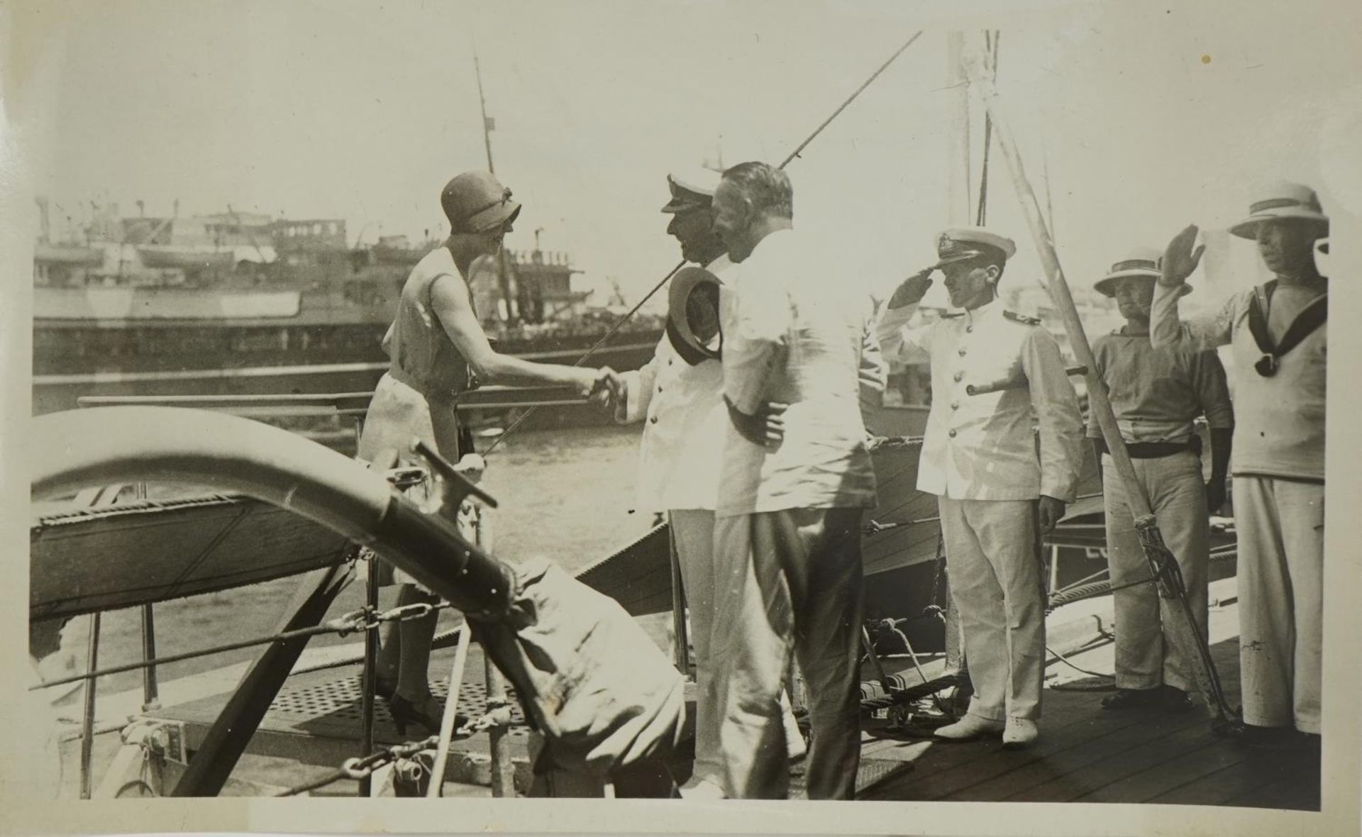 Early 20th century black and white photograph of Amy Johnson on her arrival at Port Said Israel,