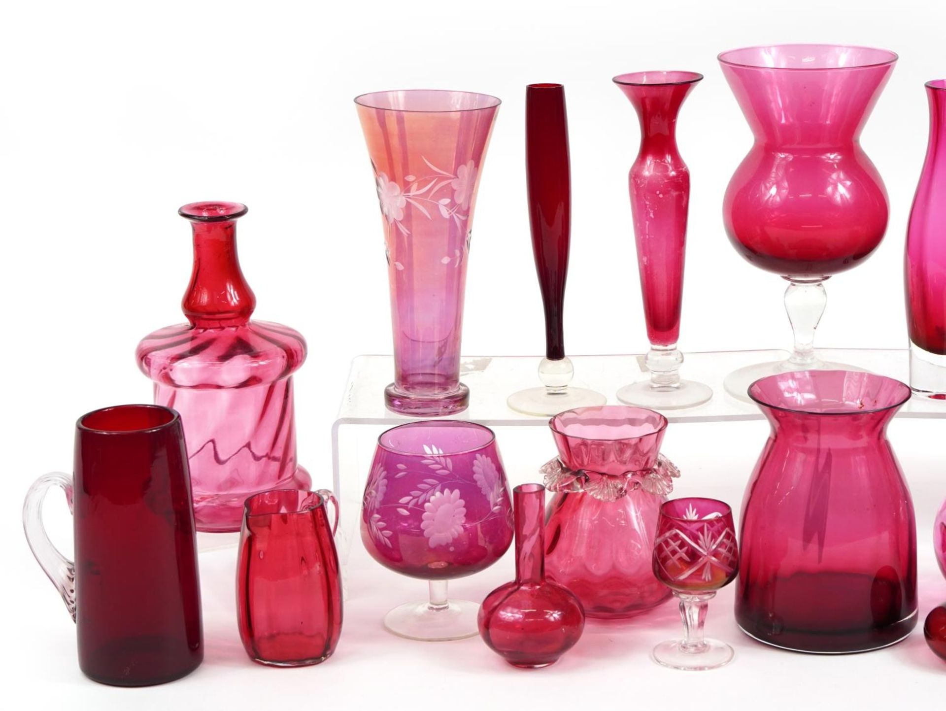Collection of Victorian and later cranberry glass vases, jugs and glasses, the largest 22cm high - Image 2 of 3