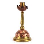 Attributed to W A S Benson, Arts & Crafts copper and brass candlestick in the manner of