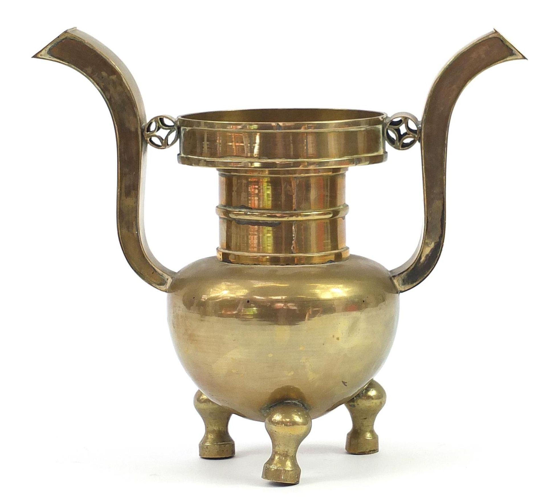 Large Chinese patinated bronze tripod censer with twin handles, 28cm high - Image 2 of 3