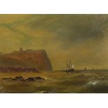 Ships on water beside a coastline, oil on board, W Herbert Yates, Richmond label verso, mounted