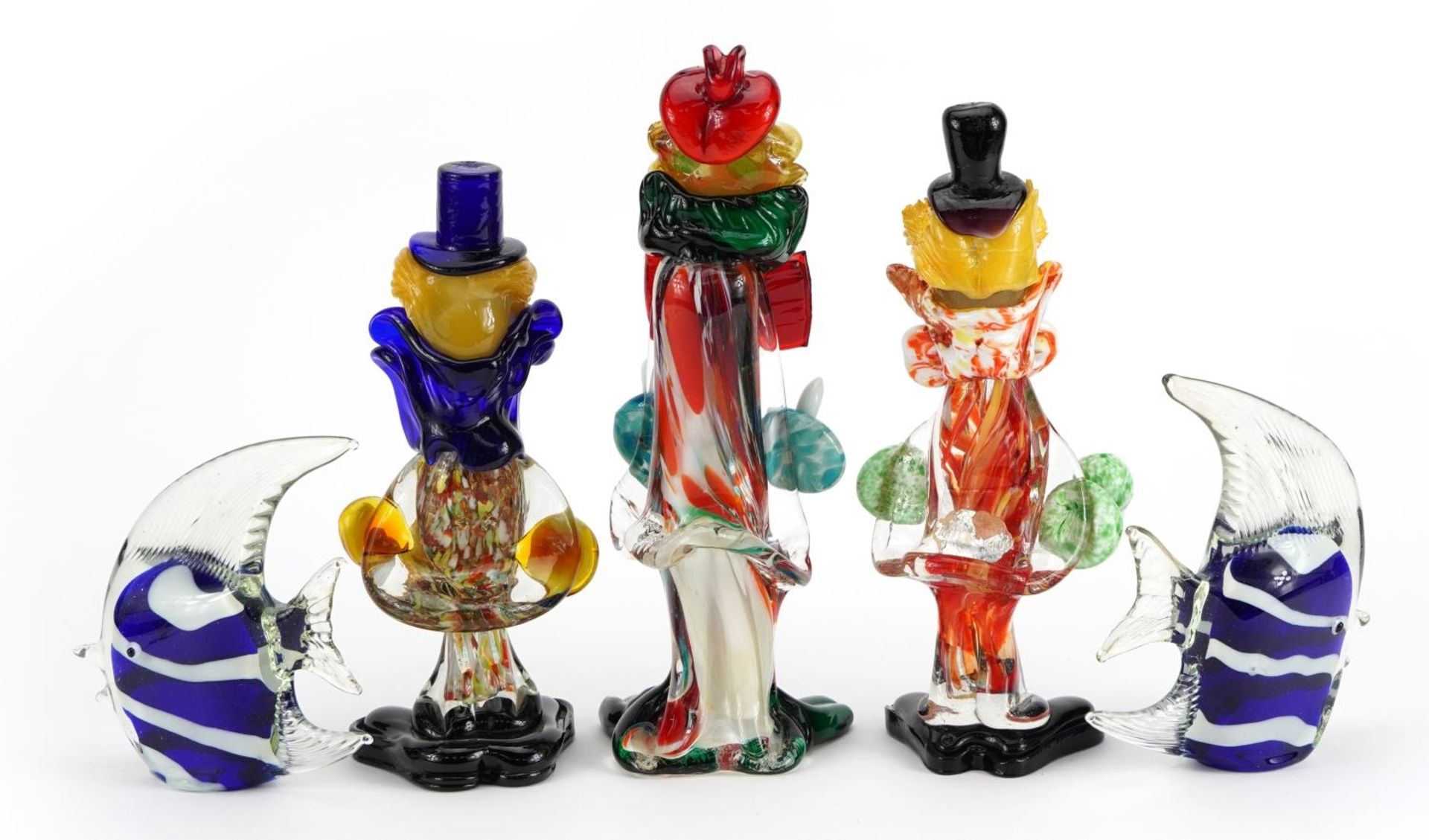 Three Murano glass clowns and two glass fish, the largest 26cm high - Image 2 of 4