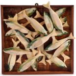 Clive Fredriksson, wood carving of fish on a tray, 39cm x 37cm
