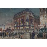 Piccadilly, busy London street scene, ink and watercolour, Melford Fine Arts label verso, mounted,