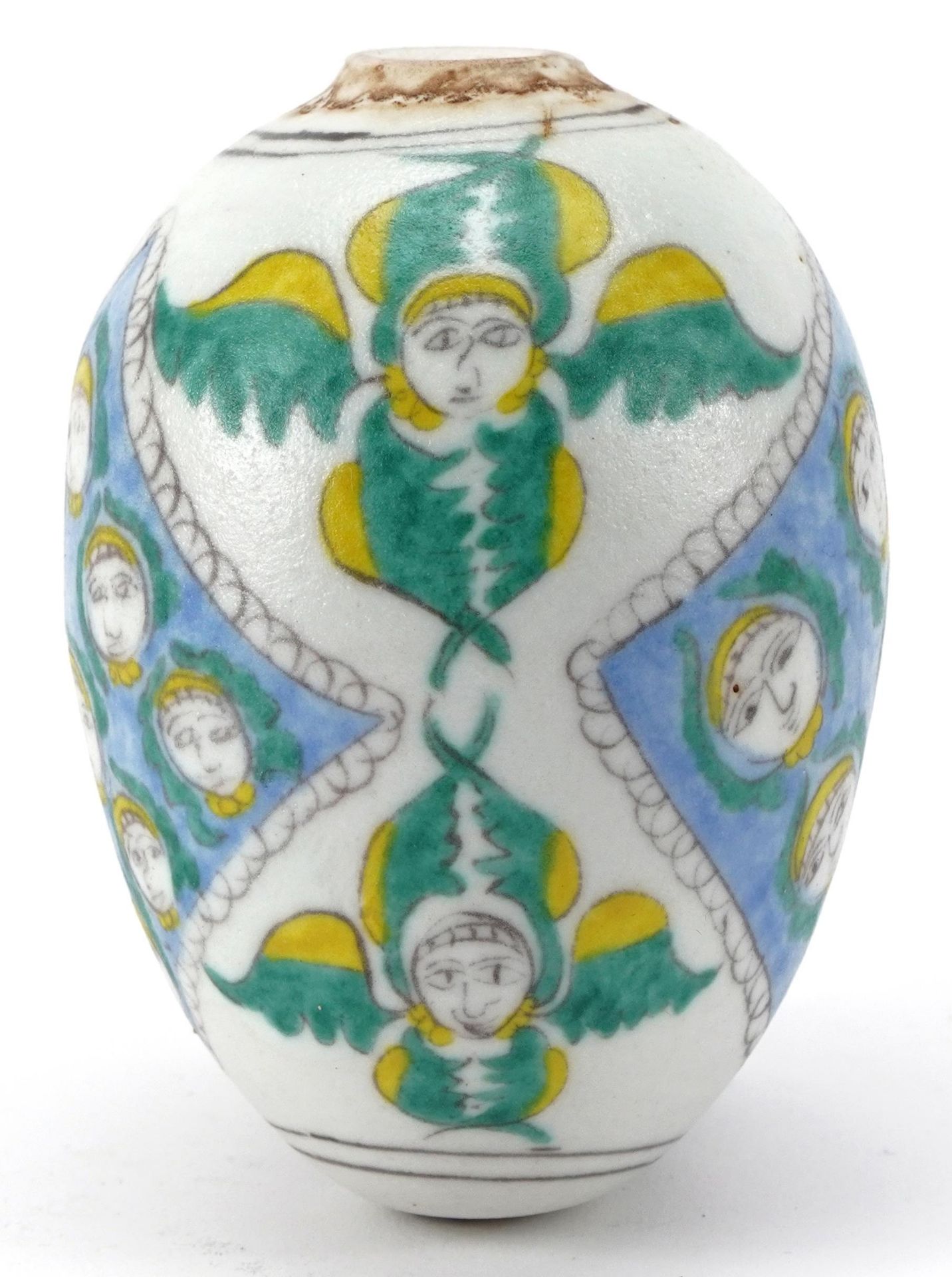 Turkish Armenian pottery hanging ball hand painted with mythical faces, 10cm high
