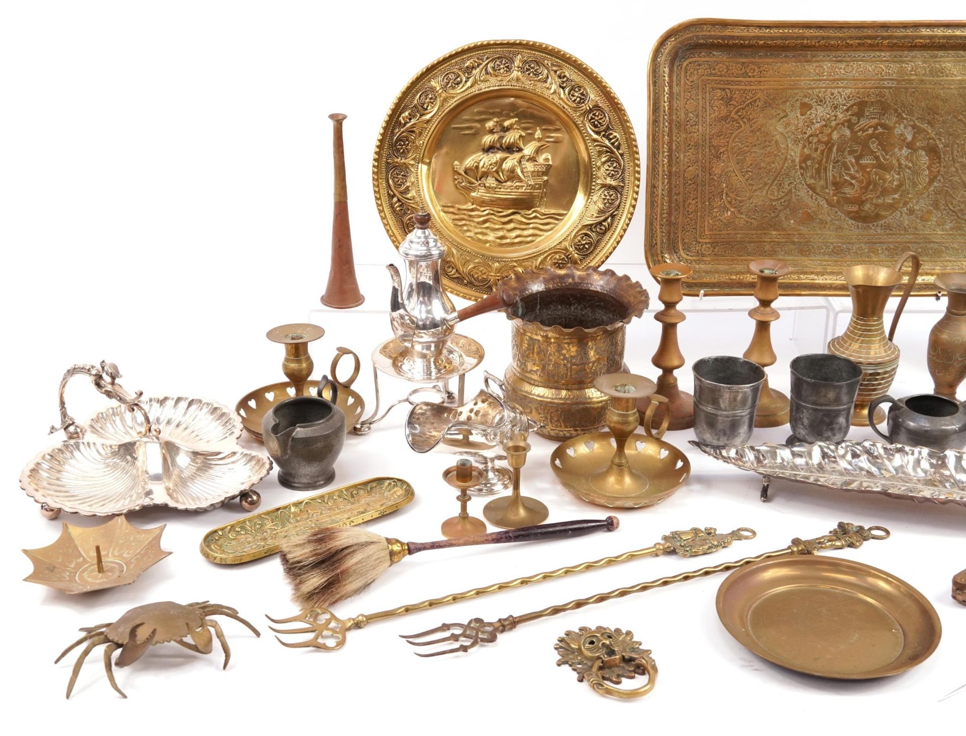 Antique and later metalware including silver plate, copper, pewter and brass, the largest 51cm in - Image 2 of 3