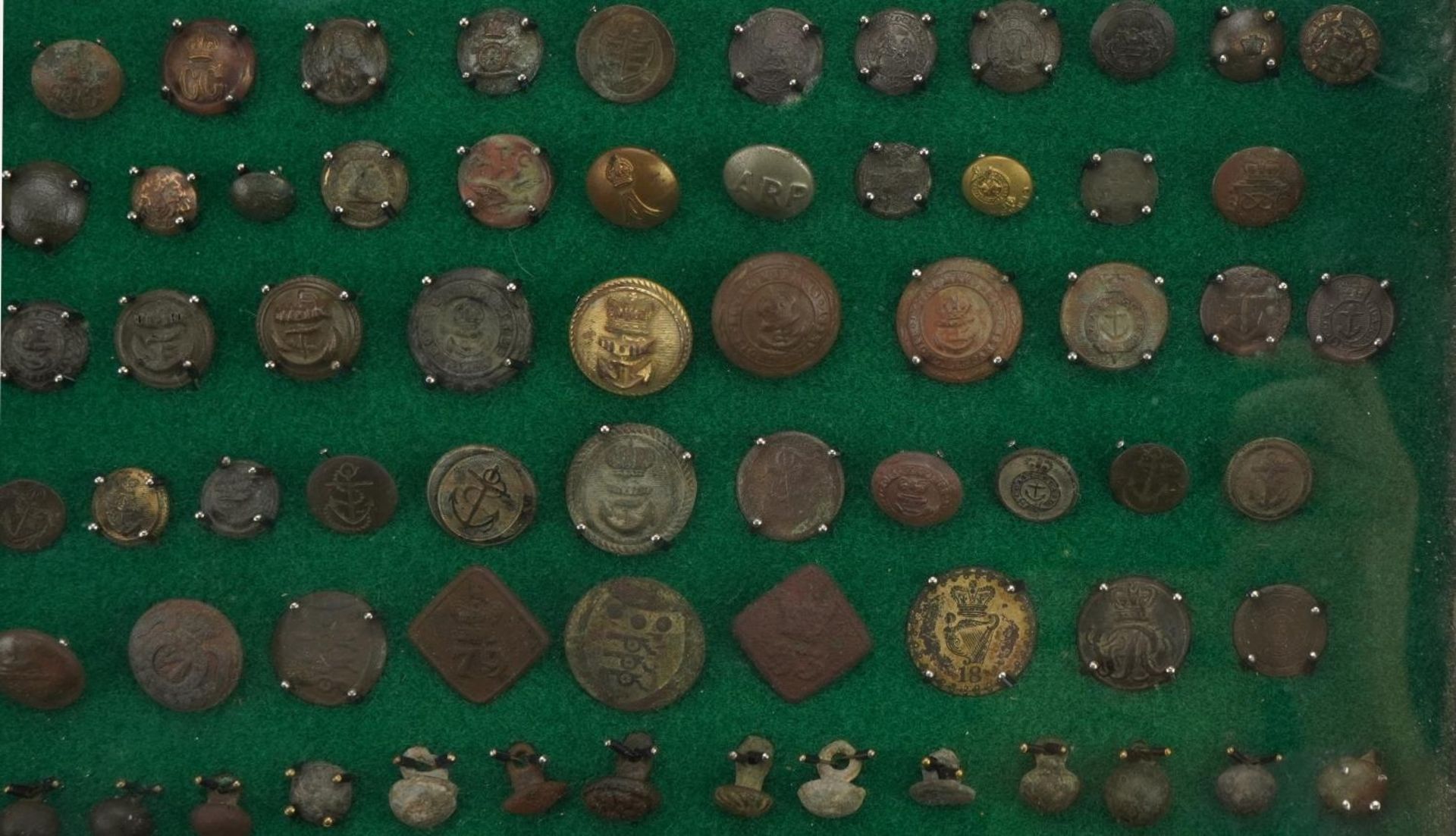 Good collection of antique naval buttons arranged in a glazed display case, the largest - Image 5 of 8