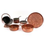 Antique copper comprising two preserve pans, two warming pans, circular tray and coal scuttle, the